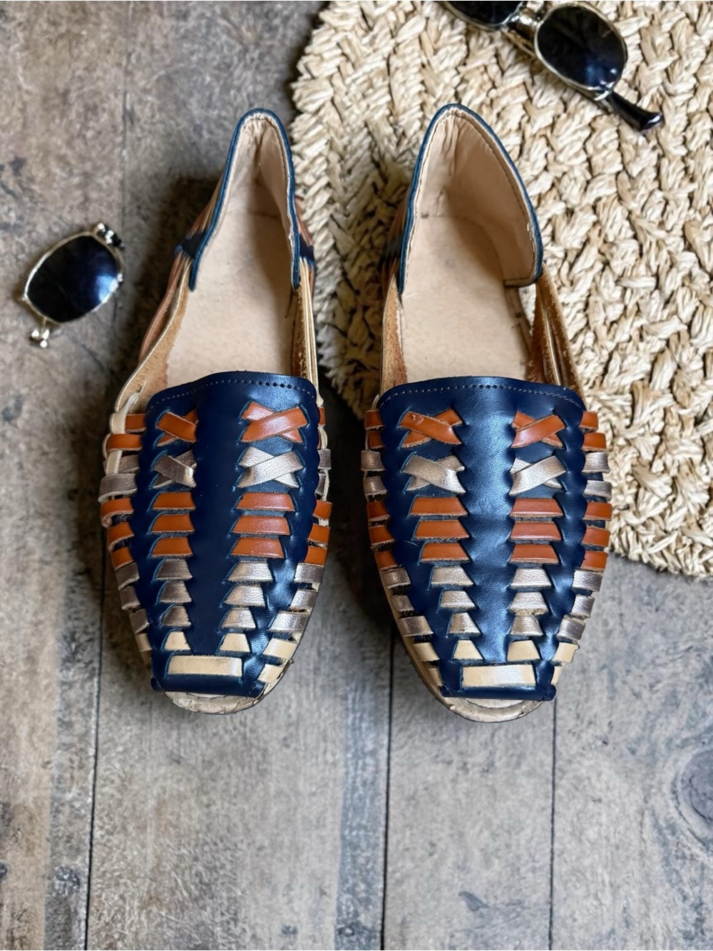 Woven Leather Slip-On Flats in Navy, Brown & Tan for Women